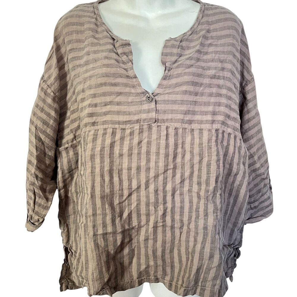 XCVI Womens Linen Striped Empire Waist Babydoll Top V-Neck Lagenlook Shirt M